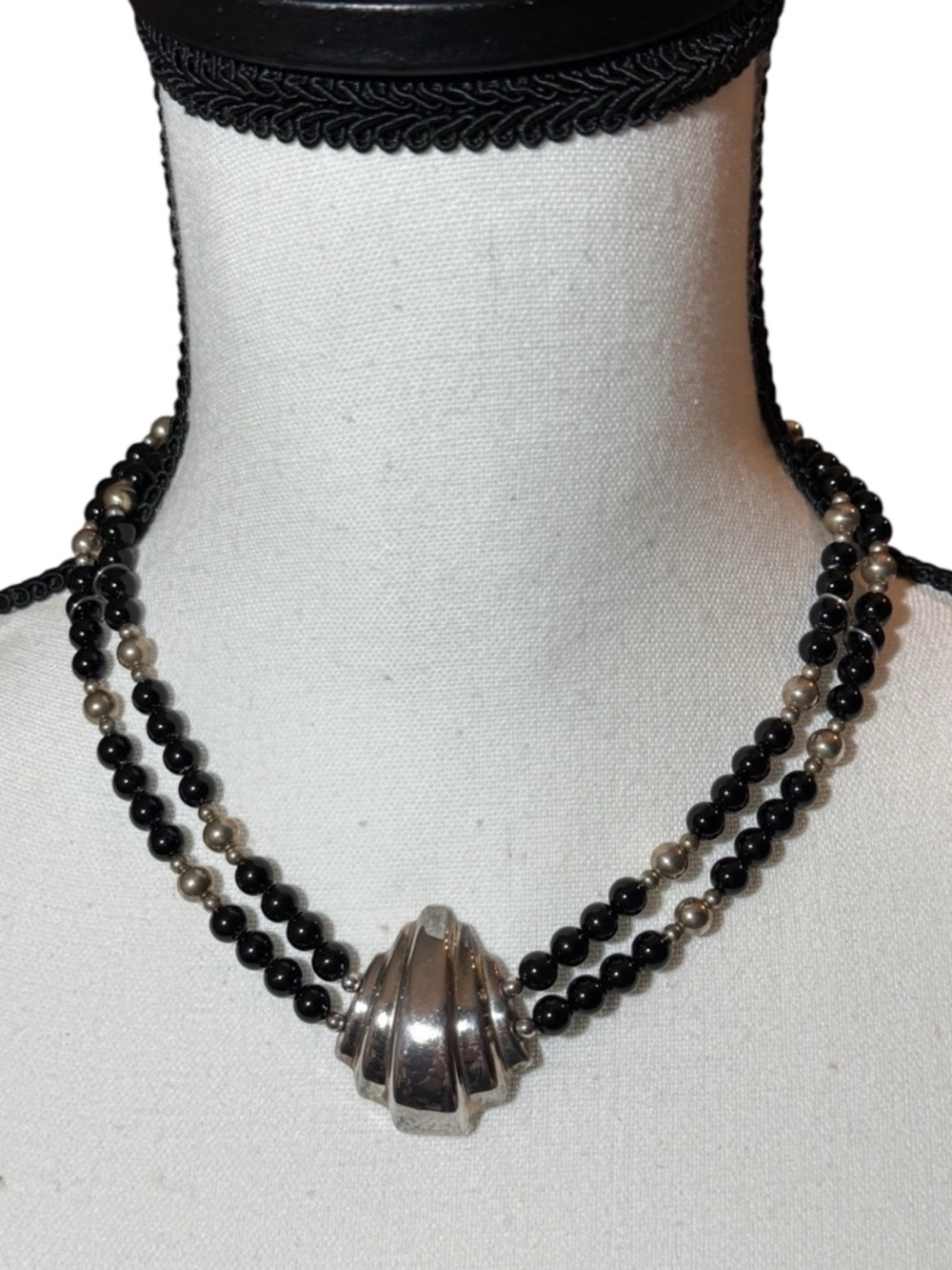 Vintage 1980s Onyx Bead & Sterling Silver Statement Necklace, 925 stamped